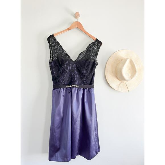 NWT | After Six | Lace Cocktail Length Dress | Amethyst Purple Black | Sz 10 - Picture 2 of 14